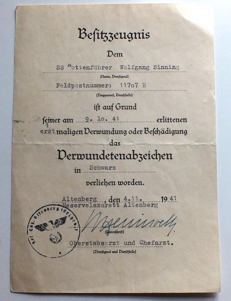 DAS REICH SS-OBERSTURMFUHRER GROUPING BLACK WOUND BADGE
