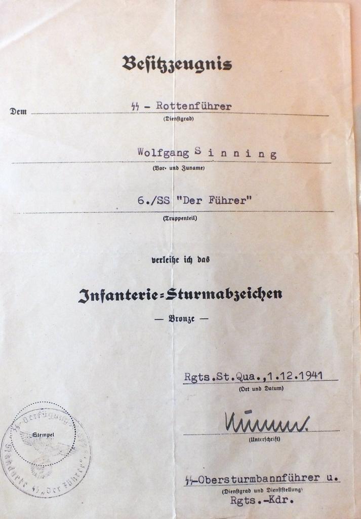 DAS REICH SS-OBERSTURMFUHRER GROUPING INFANTRY ASSAULT BADGE CITATION